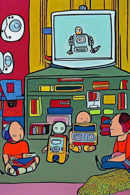 children's book illustration of robots watching tv by margret rey 