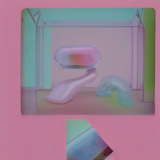 a pastel colour high fidelity Polaroid art photo from a holiday album at a pink desert with abstract inflatable parachute furniture, all objects made of transparent iridescent Perspex and metallic silver, no people, iridescence, nostalgic