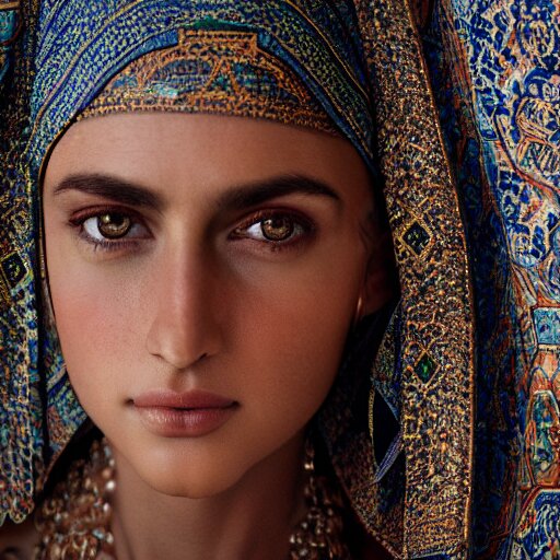 portrait of a stunningly beautiful arabic tribal female, depth of field, zeiss lens, detailed, symmetrical, centered, fashion photoshoot, by Annie Leibovitz and Steve McCurry, David Lazar, Jimmy Nelsson, Breathtaking, 8k resolution, extremely detailed, beautiful, establishing shot, artistic, hyperrealistic, beautiful face, octane render