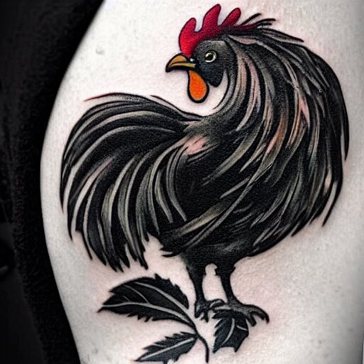 A small tattoo of a black rooster. The black chicken is holding smoking a large cannabis blunt in its mouth