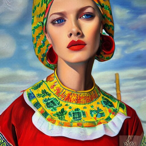 hyperrealism oil painting of ukrainian model in vyshyvanka shirt 