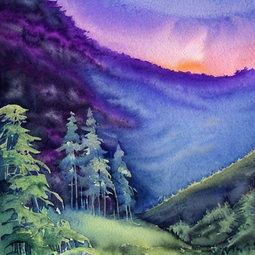 a beautiful watercolor painting an epic appalachian wilderness at dawn, godrays, mystical, deep shadows, epic scale 