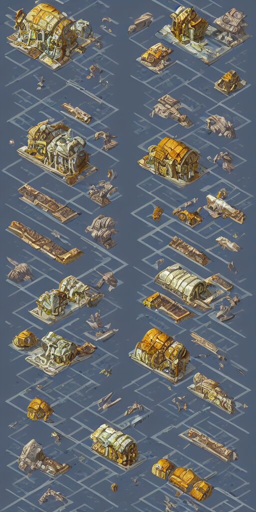 houses and shops with detailed architecture. old wrecked alien spaceships. pixel art asset sheet. isometric perspective. concept art. science fiction. 