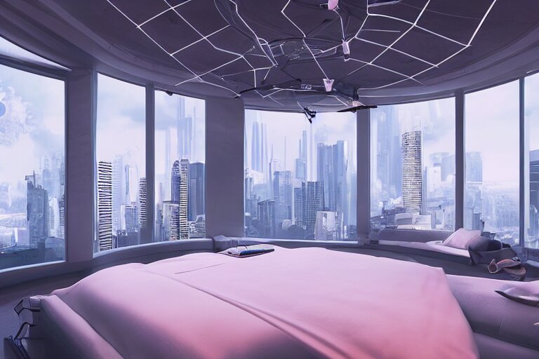 a futuristic sparse bedroom with large curved ceiling high windows looking out to a far future cyberpunk cityscape, flying drones outside, night time, cyberpunk neon lights, raining