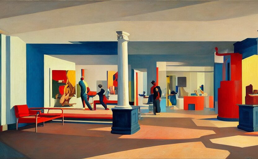 Interior shot of contemporary museum with abstarct arts hanging on the wall,  very coherent, painted by Edward Hopper, painted by James Gilleard, airbrush,  art by JamesJean