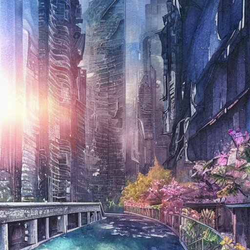 Beautiful happy picturesque charming sci-fi city in harmony with nature. Nature everywhere. Nice colour scheme, soft warm colour. Beautiful detailed watercolor by Lurid. (2022)