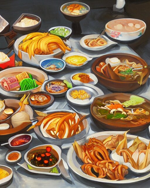 a painting of a table full of korean foods, concept art by taro yamamoto, pixiv contest winner, auto - destructive art, official art, concept art, pixiv 