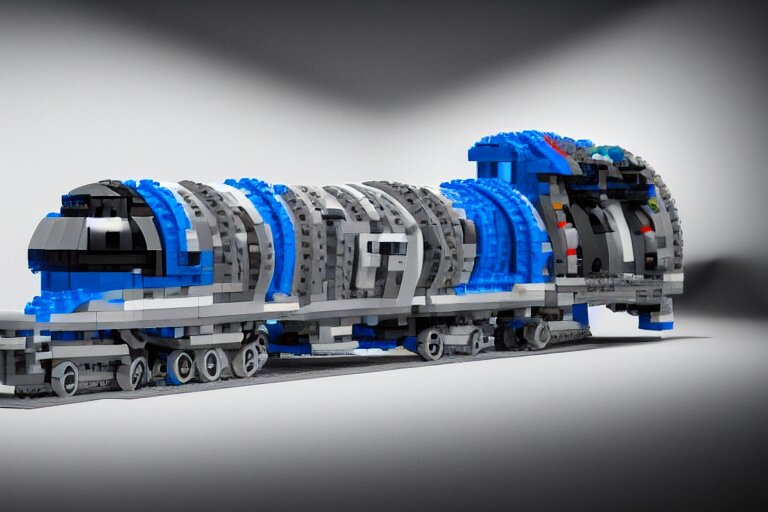 futuristic train made out of Lego, octane render, white, grey and blue, studio light, 35mm,