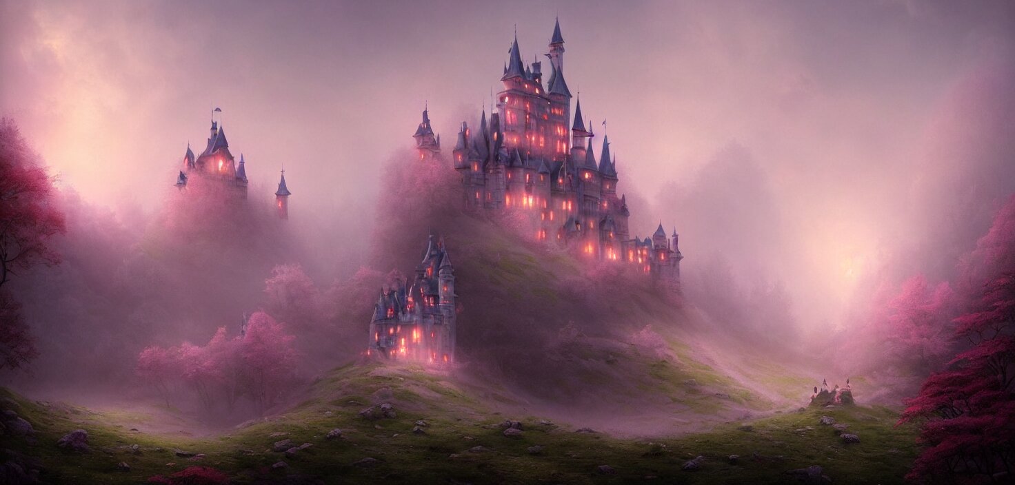 a fairytale castle on a hill in the forest pink fog envelops the castle landscape, cinematic view, epic sky, detailed, concept art, low angle, high detail, warm lighting, volumetric, godrays, vivid, beautiful, trending on artstation, by jordan grimmer, huge scene, grass, art greg rutkowski 