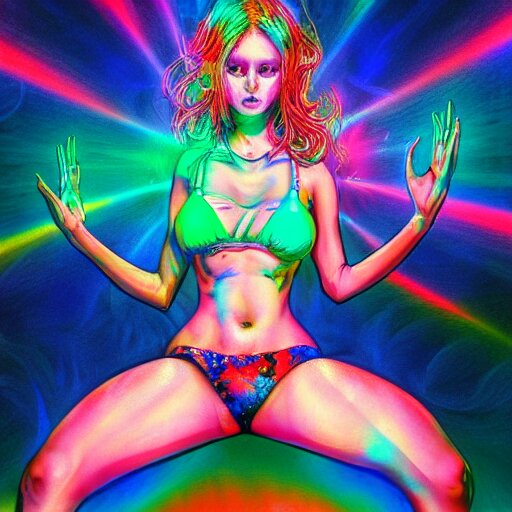 girl in bikini dancing, expressive digital art, psychedelic, lsd, by yoshitaka amano, by dan mumford, trending on artstation, 4 k 