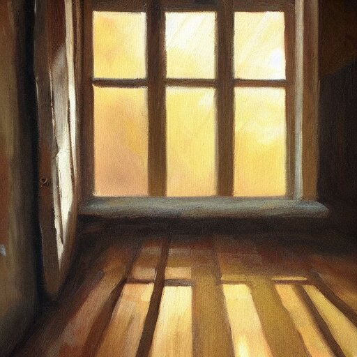 oil painting of mostly empty cottage interior, one small window with sunlight shining onto the floor. artistic. cozy. wooden floor. rustic. 