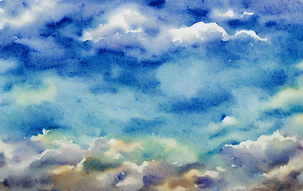 a beautiful watercolor painting of a beautiful ocean with peaceful fluffy clouds in the sky 