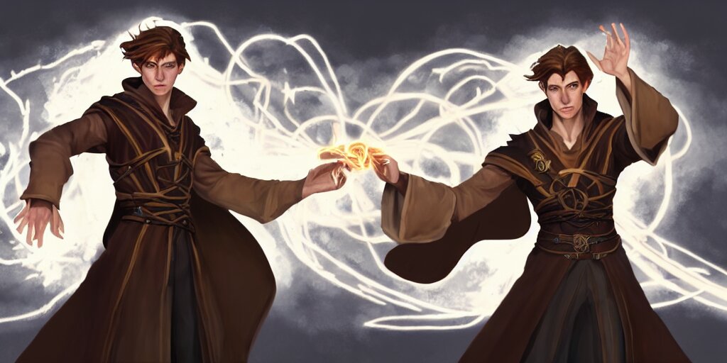 concept art of a handsome young caucasian male sorcerer with brown hair he is casting a spell that is emanating from his hands he is in a alchemist lab, action pose, medium shot, waist up, dungeons and dragons art, magic the gathering art 