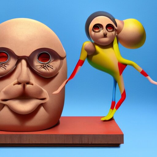 mid - century weirdo cartoon sculpture toy on display photoshoot, 4 k, hyper realistic, natural, highly detailed, digital illustration, trending in artstation, smooth, sharp focus art by jeff koons 