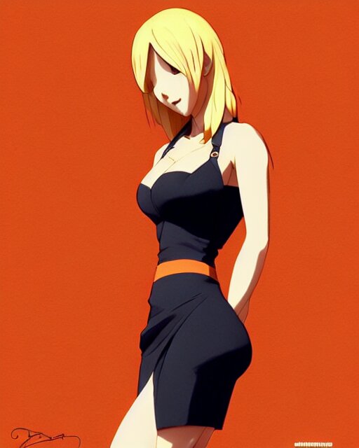 blond woman in an orange ripped mini dress, by artgerm, by studio muti, greg rutkowski makoto shinkai takashi takeuchi studio ghibli 