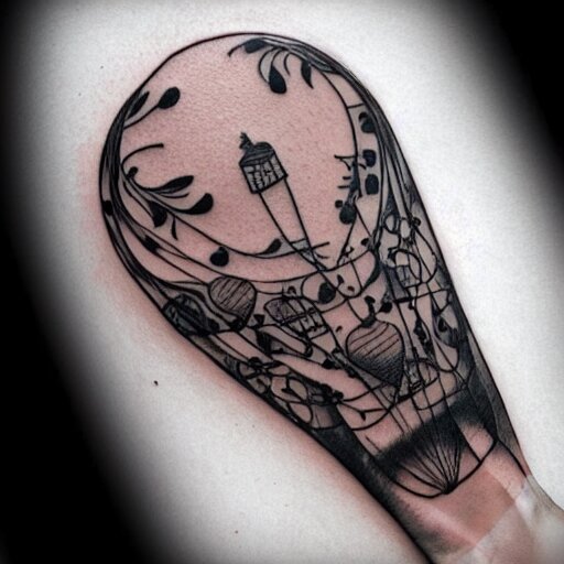 a tattoo of balloons, tattoo art, black and white tattoo,