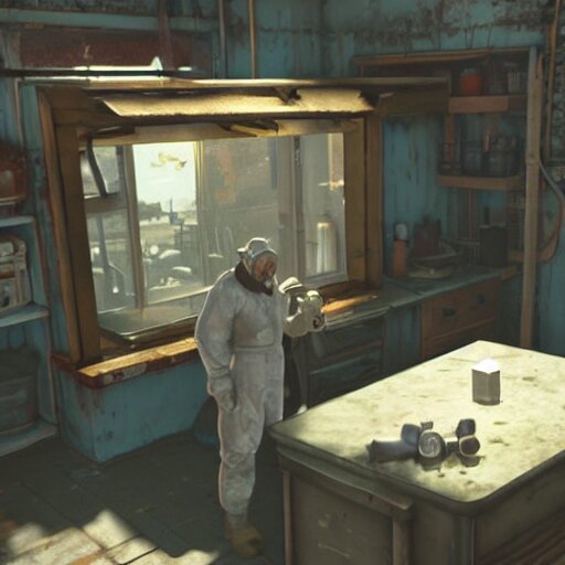 mr. house on the screen holds a faceted glass of milk in one of the manipulators, realism, reflections, metal body, in the kitchen, in the style of fallout 4, 