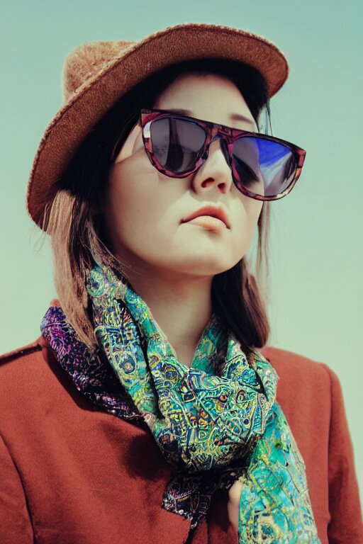 close - up portrait of a beautiful woman wearing sunglasses and a scarf with intricate psychodelic patterns, epic character composition, by katsura masakazu, alessio albi, ilya kuvshinov, nina masic, soft focus, vertical portrait, natural lighting, f 2, 5 0 mm, classic chrome, film grain, cinematic lighting 