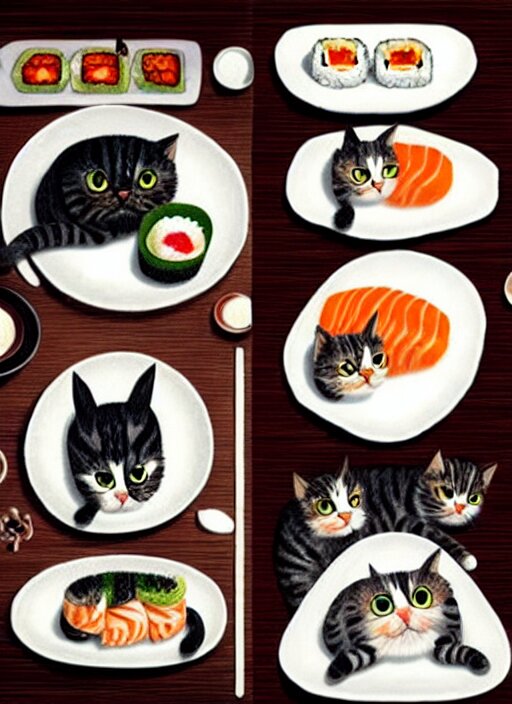 clear photorealistic picture of adorable cats made out of sushi 