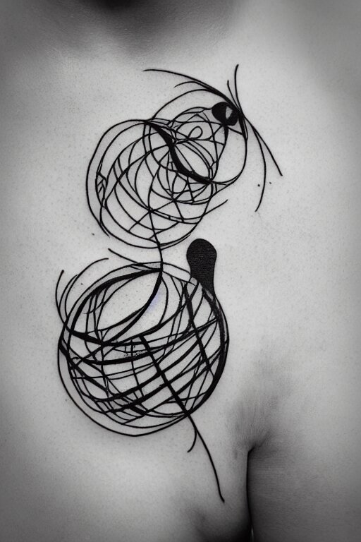 a beautiful tattoo design of minimalist swallows flying into spherical lines and simple basic shapes, black ink, abstract logo, line art 