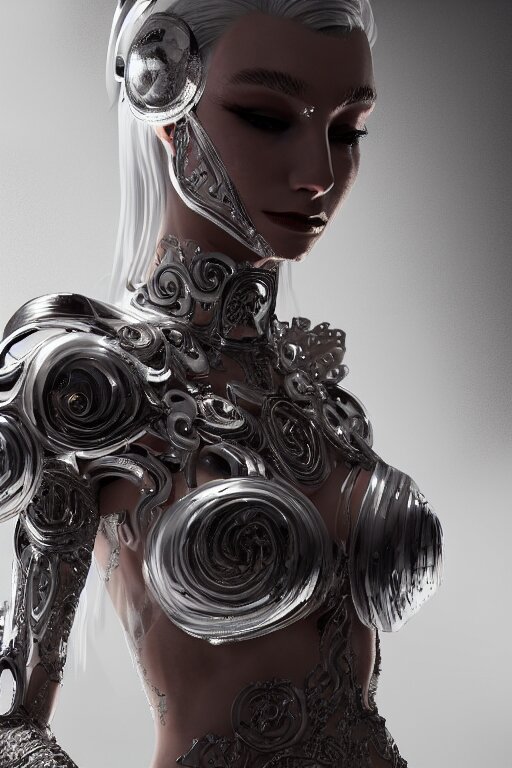 white cyborg fashion shot, copper spiral decorations, white elegant baroque design, smooth heads, headshot half figure, photorealistic, 8k, hyper detailed, unreal engine, trending on artstation,