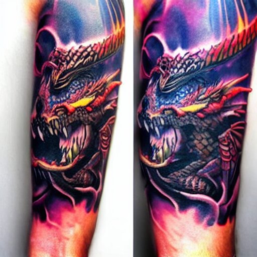 dark and vibrant spiraling fantasy dragon drake wyvern, forearm tattoo