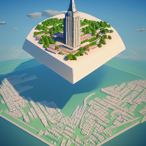 floating island with new york city in the sky, low poly, isometric art, 3d art, high detail, artstation, concept art, behance, ray tracing, smooth, sharp focus, ethereal lighting