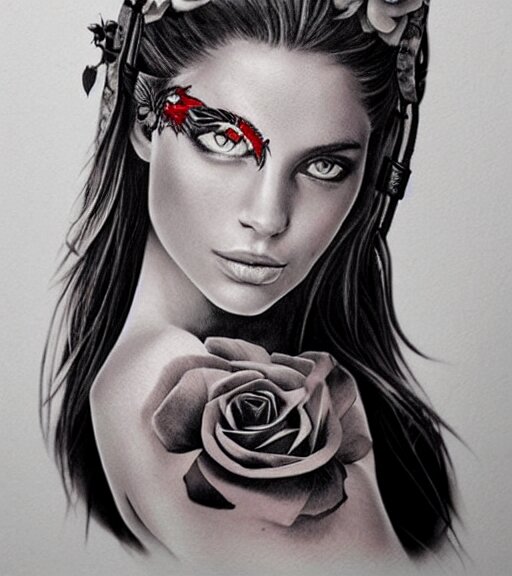 tattoo design on white background of a beautiful girl warrior, roses, hyper realistic, realism tattoo, by eliot kohek, beautiful eyes, realistic face, black and white 