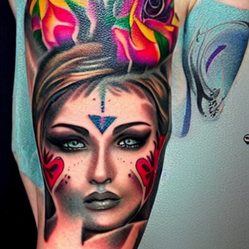 tattoo on female face, epic, colorful, beautiful, intricate detail