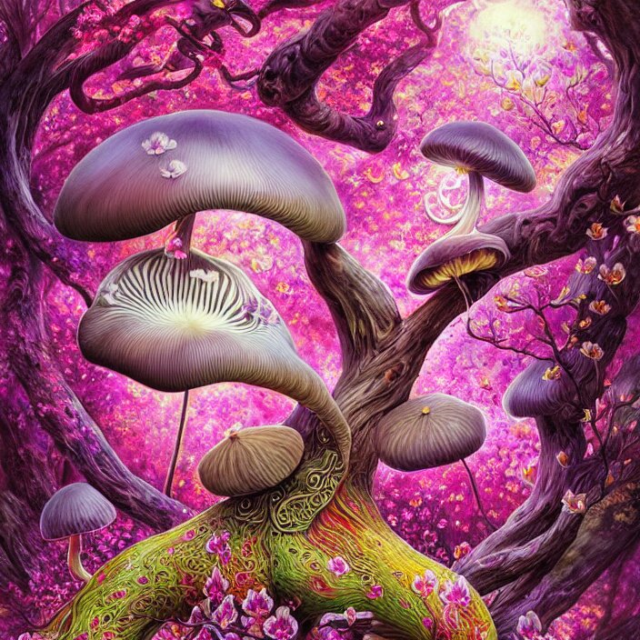 extremely psychedelic animal made of orchid and cherry blossom tree and mushroom, LSD, diffuse lighting, fantasy, intricate, elegant, highly detailed, lifelike, photorealistic, digital painting, artstation, illustration, concept art, smooth, sharp focus, art by John Collier and Albert Aublet and Krenz Cushart and Artem Demura and Alphonse Mucha