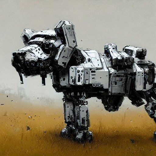 dog type mech made of white plastic art by jakub rozalski 