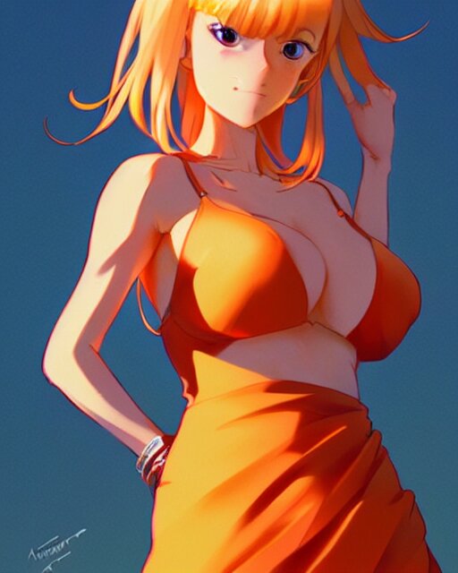 blond woman in an orange ripped mini dress, by artgerm, by studio muti, greg rutkowski makoto shinkai takashi takeuchi studio ghibli 