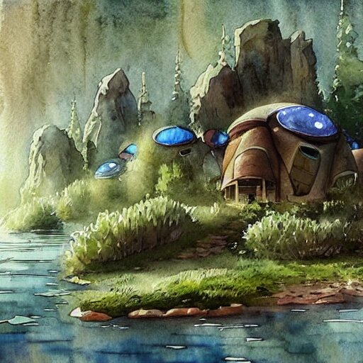 beautiful happy picturesque charming sci - fi organic homes in a beautiful natural scene. water, trees and rocks. beautiful light. grainy and rough. soft colour scheme. beautiful artistic detailed watercolor by lurid. ( 2 0 2 2 ) 