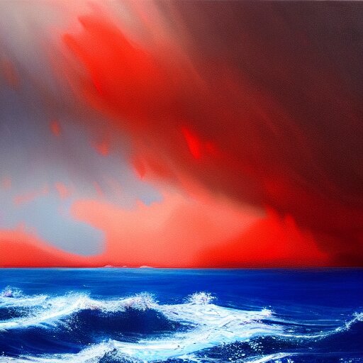 A gorgeous detailed oil painting of a red sea covered in big blue rocks, the further away the mistier it gets, dark aesthetic, atmospheric, moody, highly detailed, masterpiece, award winning, 4k