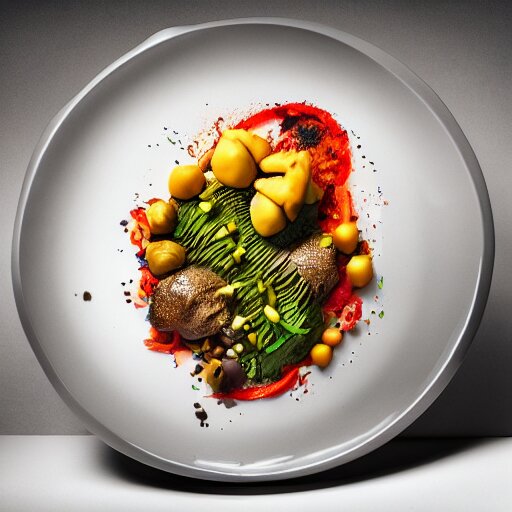 a plate with disgusting, but futuristic food, professional food photography