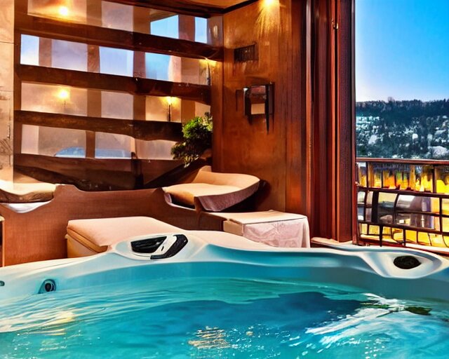 a luxury hotel room with a beautiful view from the balcony, and a hot tub inside. 