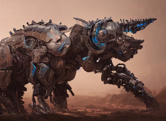 detailed full body concept art illustration oil painting of a robotic animal with intricate fur and armor, ultra detailed, digital art, octane render, dystopian, zero dawn, 4k