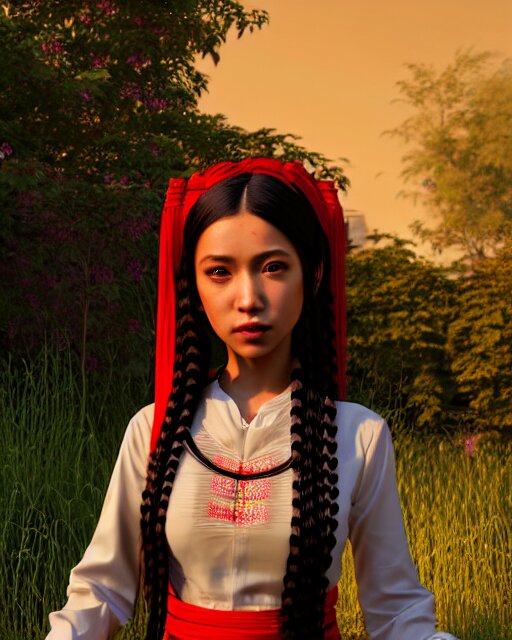 render as a very beautiful daz 3d anime aiko girl, wearing assamese bihu mekhela sador gamosa dress, long braided black hair, hazel eyes, full round face, short smile, assam tea garden setting, cinematic lighting, medium shot, mid-shot, highly detailed, trending on Artstation, Unreal Engine 4k, daz studio genesis iray ultra hd, cinematic wallpaper by Stanley Artgerm Lau, anime masterpiece,