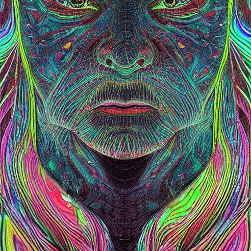 dark portrait of one Bioluminescent old shaman, with cracked reaction diffusion semi-transparent skin. multicolored fish scales, closeup. long dark hair with insects. realistic. intricate, very detailed, by alex grey and Moebius