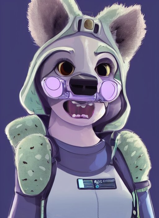 digital detailed full body of anthromorphic female hyena, in style of zootopia, zootopia, zootopia, fursona, furry, furaffinity, 4 k, deviantart, furry art, fursona art, wearing astronaut outfit, in style of zootopia, hyena fursona, cyberpunk, female, detailed feminine face, 