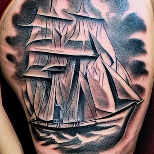 A pirate ship tattoo design in the style of Dmitriy Samohin, hyper realistic tattoo