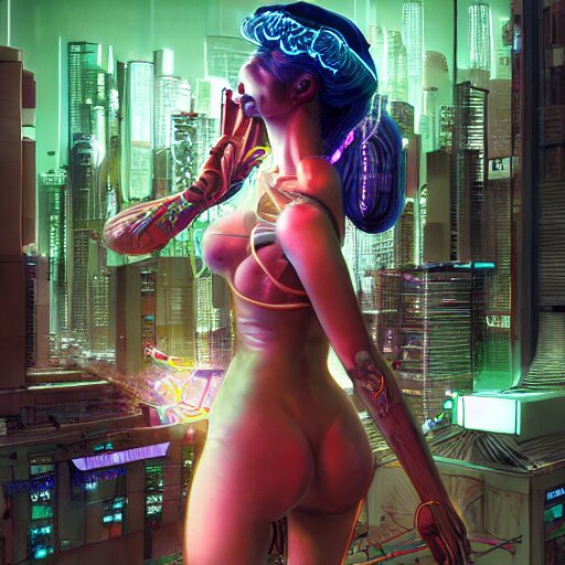 the portrait of an absurdly beautiful, graceful, sophisticated, fashionable cyberpunk gynoid gravure idol, an ultrafine hyperdetailed illustration by kim jung gi, irakli nadar, intricate linework, neon colors, porcelain skin, unreal engine 5 highly rendered, global illumination, radiant light, detailed and intricate environment 