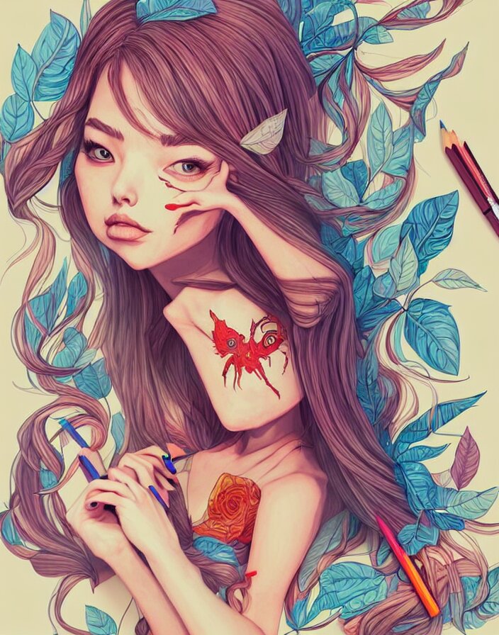 richly detailed color  illustration of a female stupid drawing demented doodles on her school work while in class alone after school, large format image. illustrated by Artgerm. 3D shadowing.