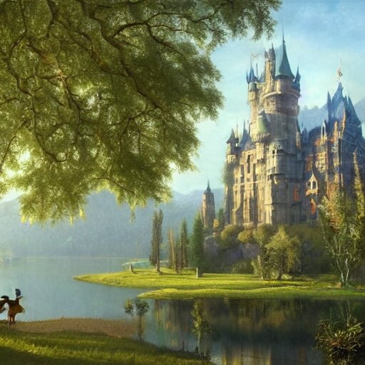 beautiful illustration of a big castle in a serene landscape and a beautiful lake, green grass and trees, blue sky, by albert bierstadt, highly detailed, crystal lighting, mystical, forest, hyperrealistic, 4 k, unreal engine, magical, by joe fenton, by greg rutkowski, by greg tocchini, by kaws, by kate beaton, by kaethe butcher 