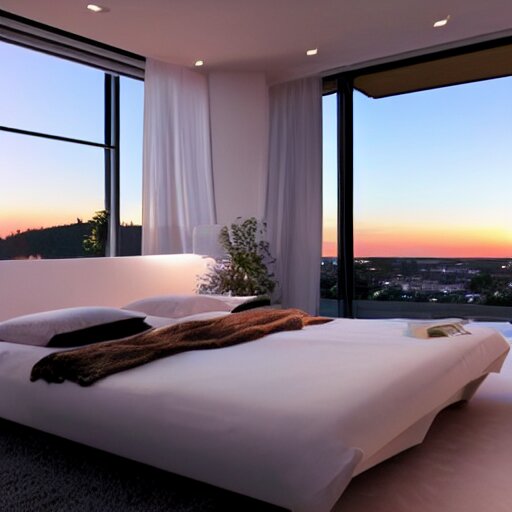 a futuristic furnished bedroom with a large window at sunset, godrays, luxury white bed, warm lighting