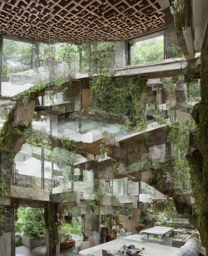 a stunning interior of a split - level villa with a swimming pool, intricately stacked and iteratively interlocked stone blocks in the style of ennis house, extremely coherent, fusion of frank lloyd wright and carlo scarpa, people are sitting at a table eating dinner, plants and moss and ivy growing on the stones, indoor picture, long shot, architectural photography 