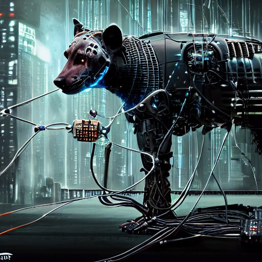 robotic cyberpunk hyena, many wires and metal exposed, realistic photo, bladerunner 