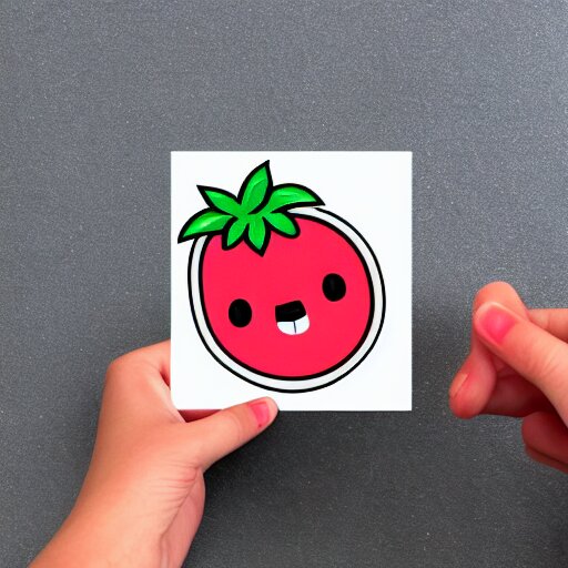 hand holding cartoon diecut sticker of cute kawaii watermellon slice with white border and light gray background