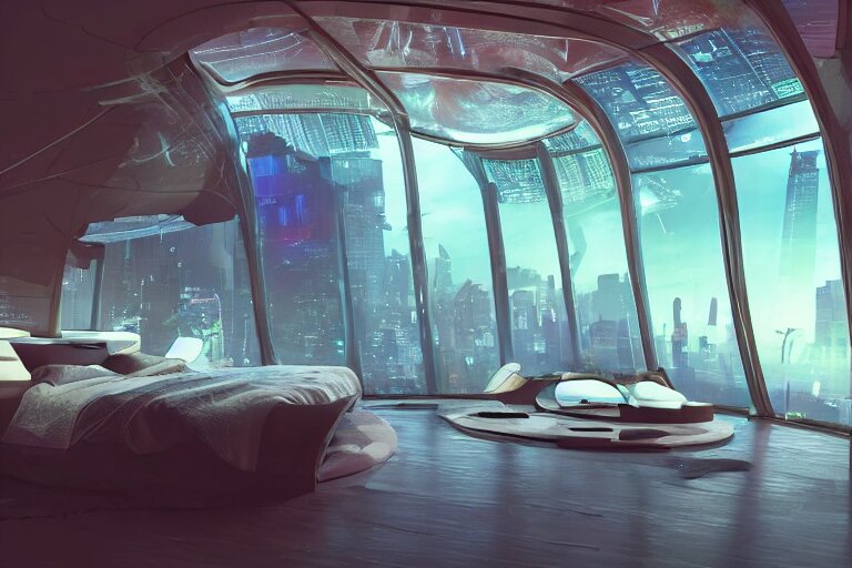 a futuristic bedroom with large curved ceiling high windows looking out to a far future cyberpunk cityscape, cyberpunk neon lights, raining, scifi