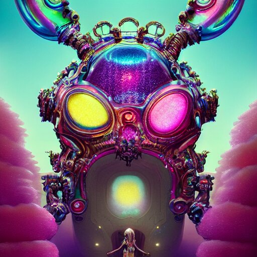 iridescent opalescent cyborg animal in candyland, warm tones : by michal karcz, daniel merriam, victo ngai and guillermo del toro : ornate, dynamic, particulate, intricate, elegant, highly detailed, centered, artstation, smooth, sharp focus, octane render 